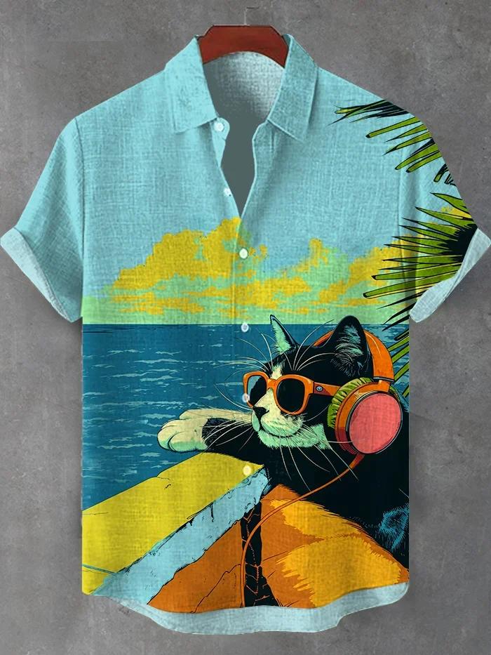 Chemise à manches courtes pour hommes, rétro, dessin animé, thème chat, hauts à manches courtes, mod
