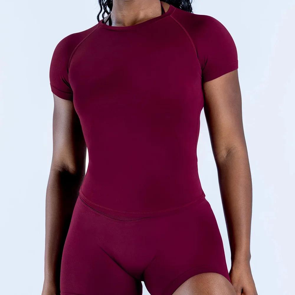 T-shirt de sport pour femme D Logo, manches courtes, col rond, respirant, élastique, pour la course,