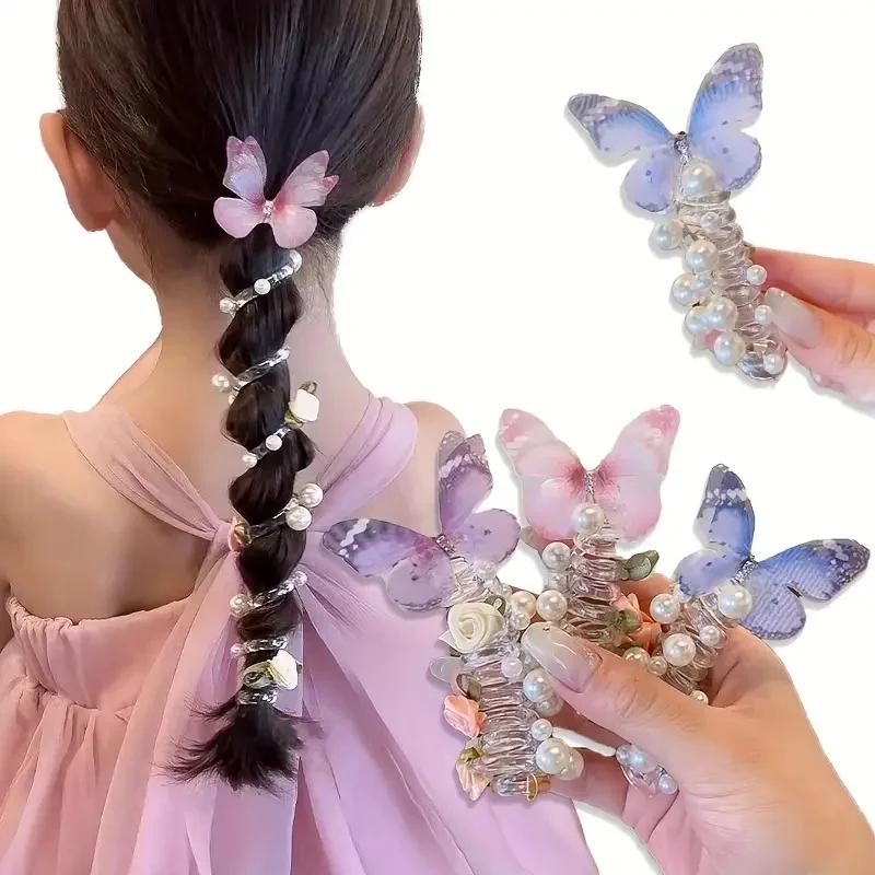 Bandeau papillon en maille pour filles, 2 pièces, mignon, rond, perle et Design Floral, parfait pour