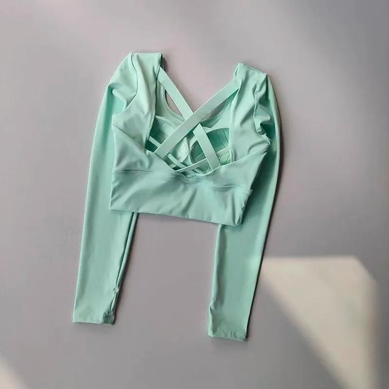 Dos nu, avec coussinets de poitrine, T-shirt de Yoga à manches longues antichoc, haut de sport respi