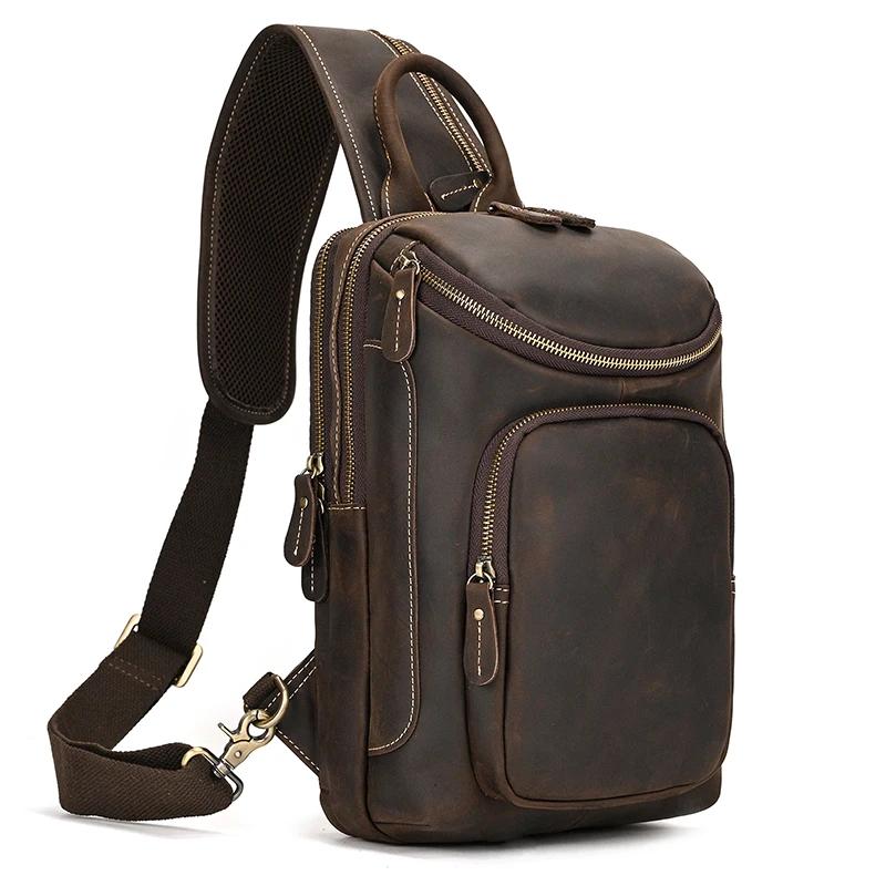 Sac de poitrine en cuir véritable pour homme, sac à bandoulière, sac à dos initié unique, sac de voy