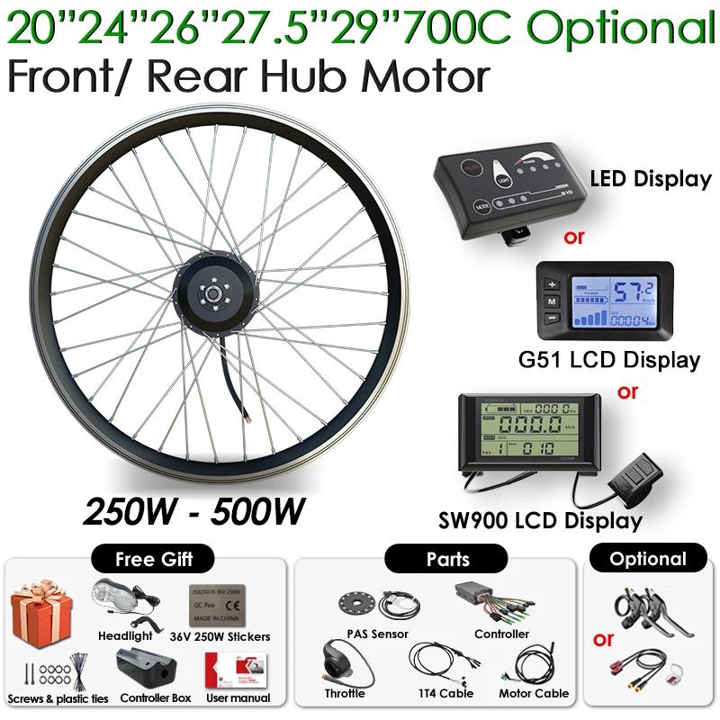 Kit de conversion de vélo électrique 36V 48V 250W 350W 500W, moteur roue arrière ou avant, 20 24 26