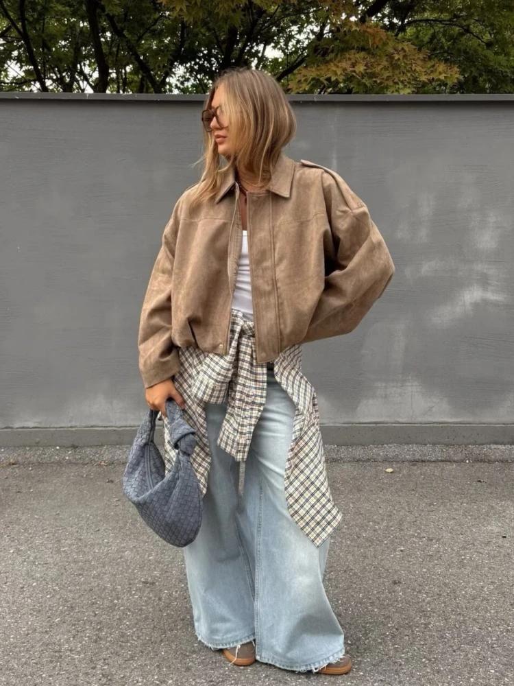 Veste en daim kaki pour femme, ample, décontractée, col rabattu, fermeture éclair, manteau épais, vê