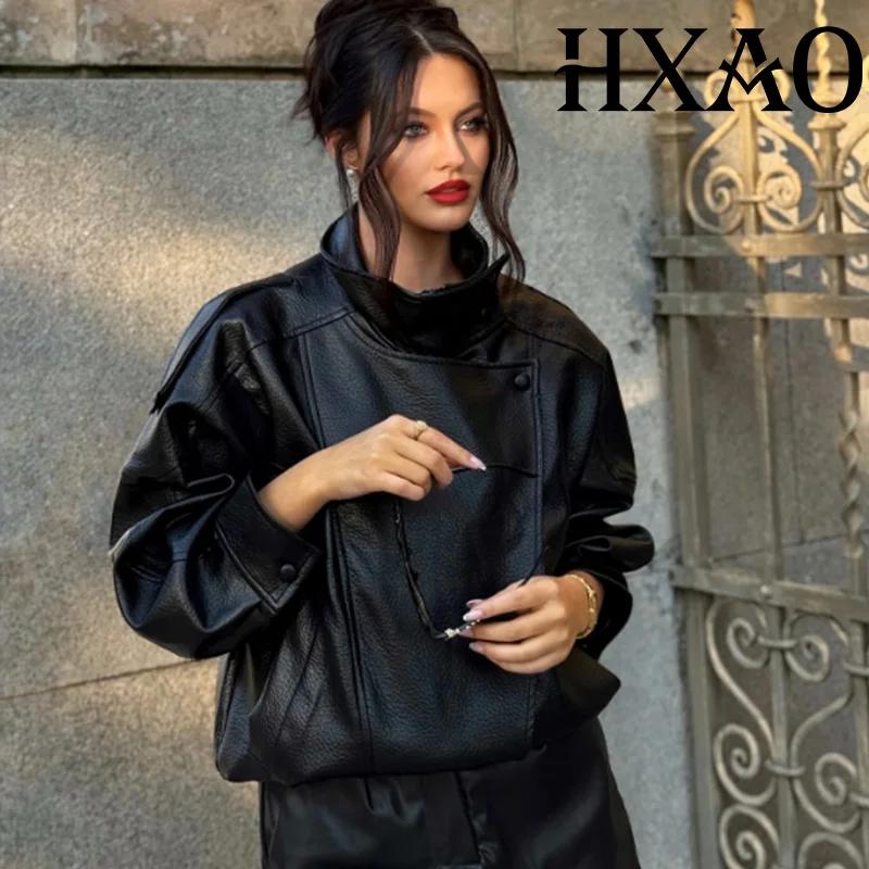 HXAO veste noire manteau femme veste en simili cuir vêtements d'extérieur Demi-saison Bomber Moto Bi