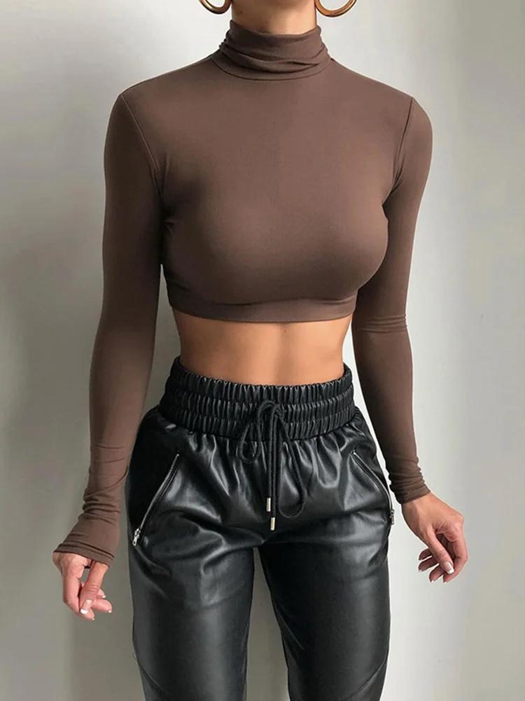 Gaine basique femmes solide col roulé t-shirt automne Stretch décontracté maillot de corps femme tou