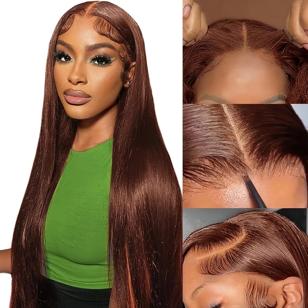 Perruque en cheveux humains brun chocolat, lisse, avec dentelle frontale 13x4 HD, sans colle, pour f