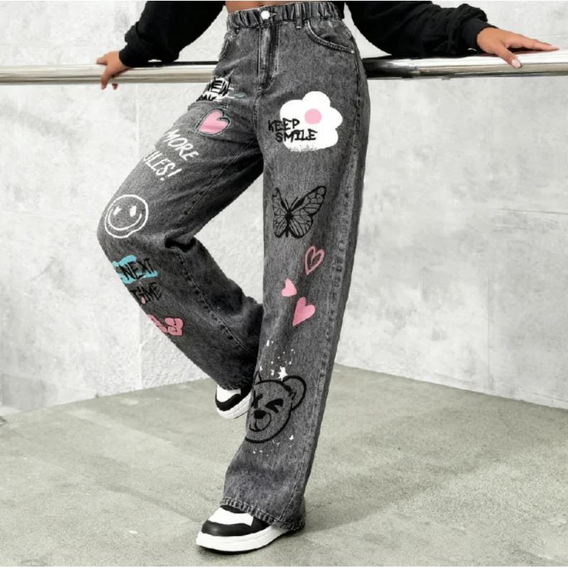 Faux jean à jambes larges imprimé graffiti de dessin animé Y2K pour filles – Faux jean coupe ample à