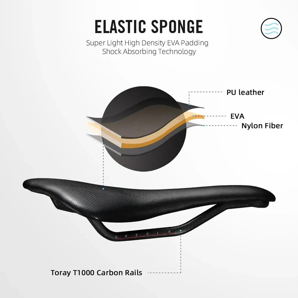 Selle vélo carbone RYET ultra léger cuir - Siège route VTT racing ovale rail 7x9 coussin doux
