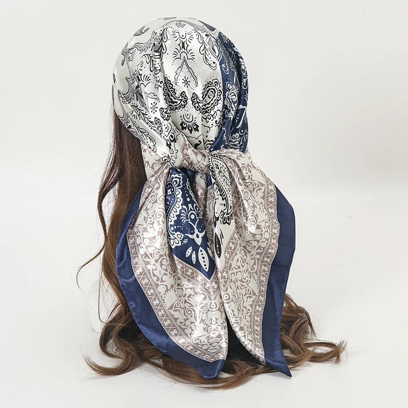 Foulard carré en Satin pour femmes musulmanes, Hijab élégant, imprimé 2025, foulard en soie, châle,