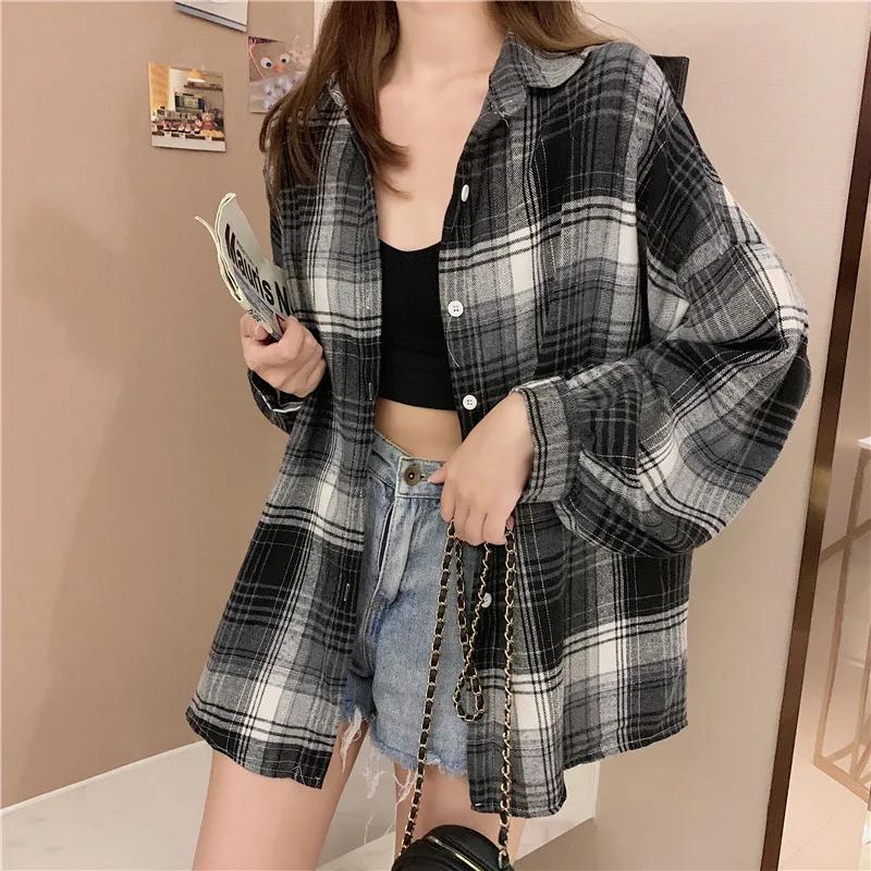 Chemise Tartan à manches longues pour femmes, col boutonné, surdimensionnée, à carreaux, veste Grung