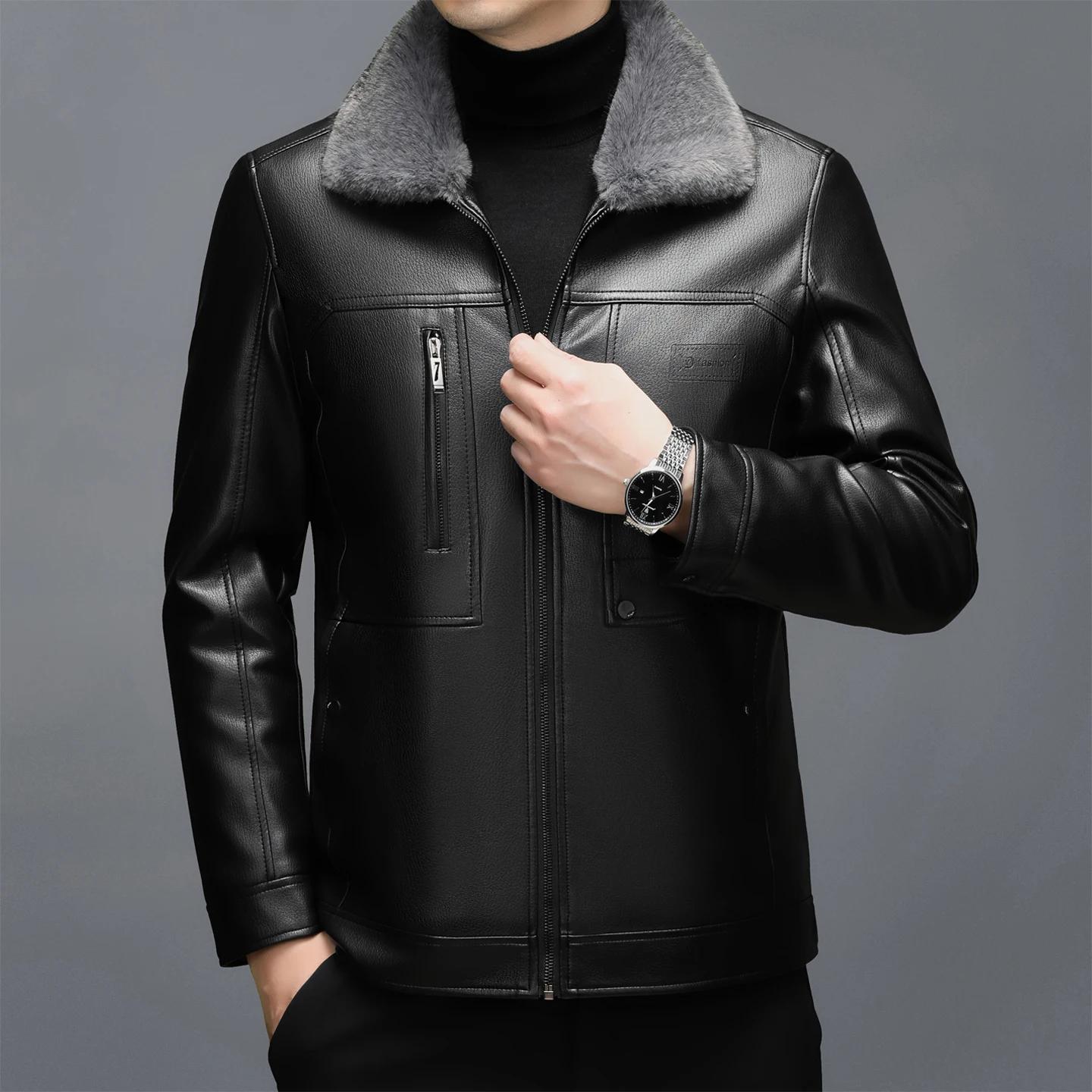 Manteau en cuir véritable pour hommes, avec fourrure, col une pièce, peau de mouton, haut court, épa