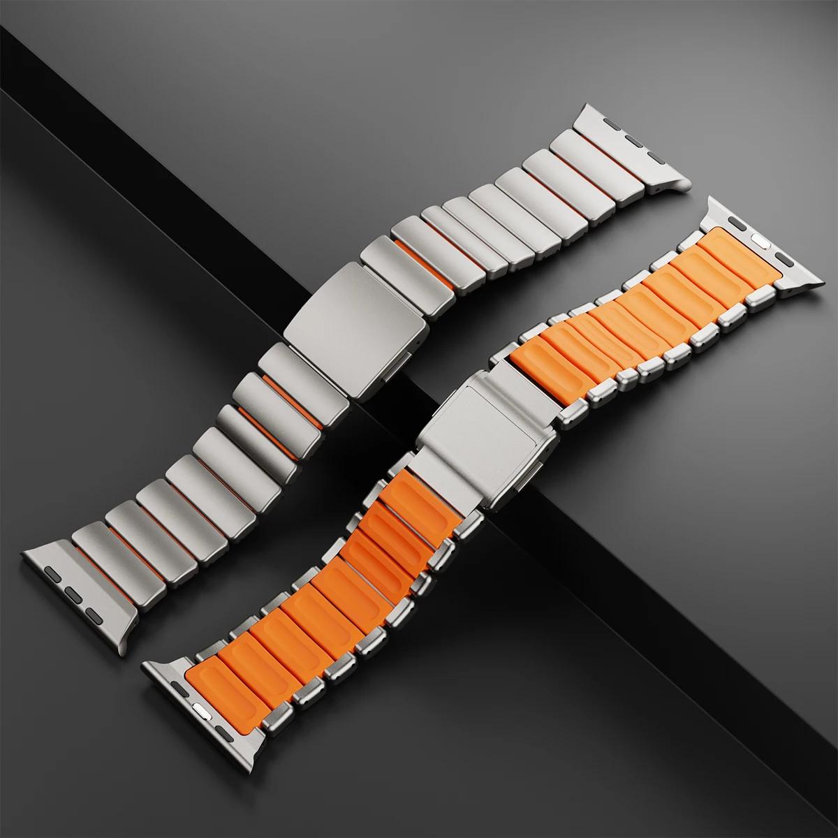 Bracelet en titane + Silicone pour Apple Watch Ultra 3/2/1 49mm S11 46mm, Bracelet magnétique de lux