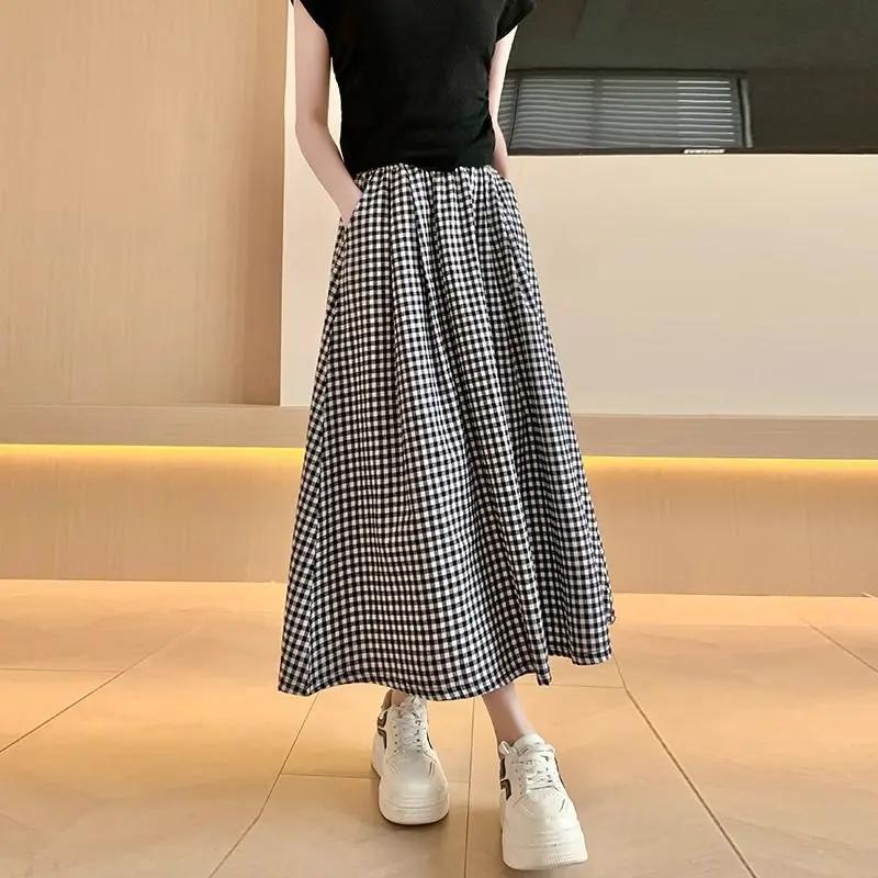 Jupe trapèze à carreaux noir et blanc pour femmes, légère, taille haute, longue, pour Petite, aminci