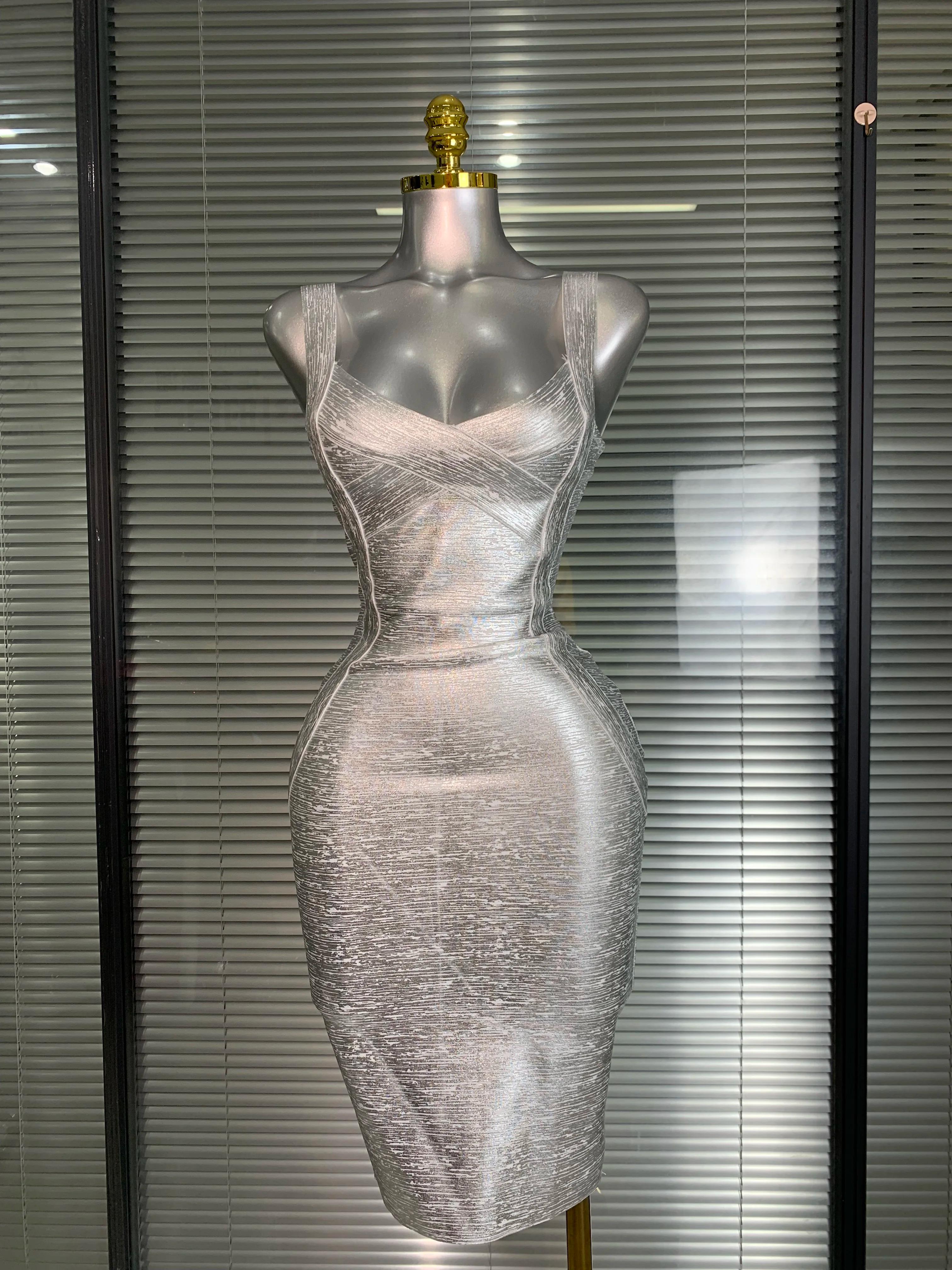 Robe à bandes moulante pour femmes, flambant neuf, Sexy, bronzante, argent, célébrité, mode, rue, ro