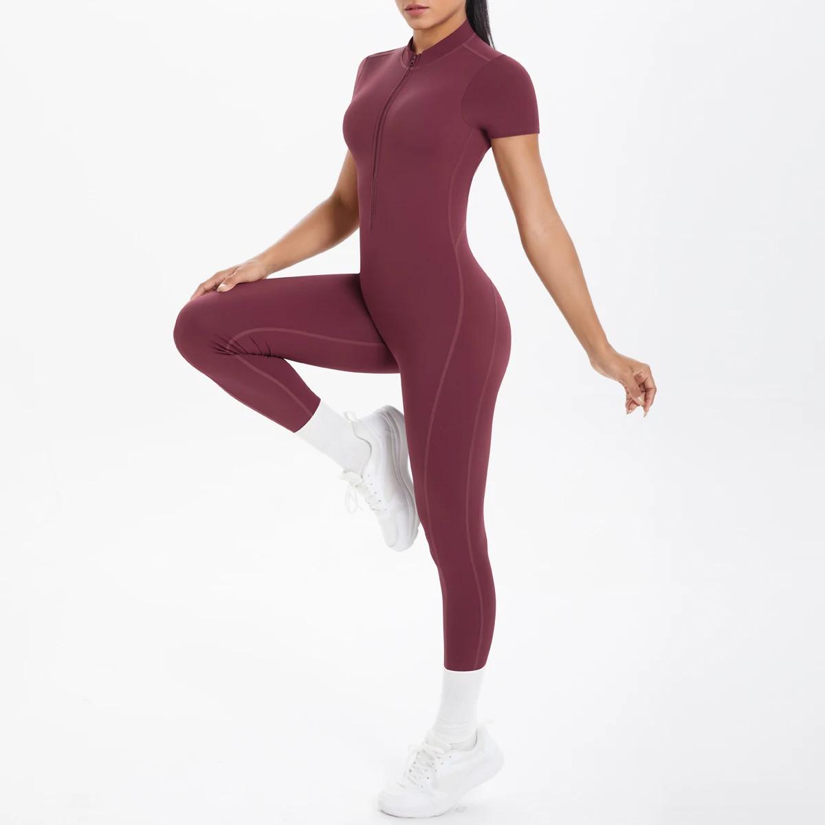 Combinaison de Fitness à manches courtes pour femmes, body dos nu, couleur unie, froissé, une pièce,