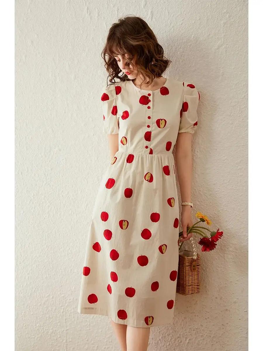 Modiis Yao-Robe longue trapèze pour femme, tenue élégante, imprimée pomme, col rond, manches courtes