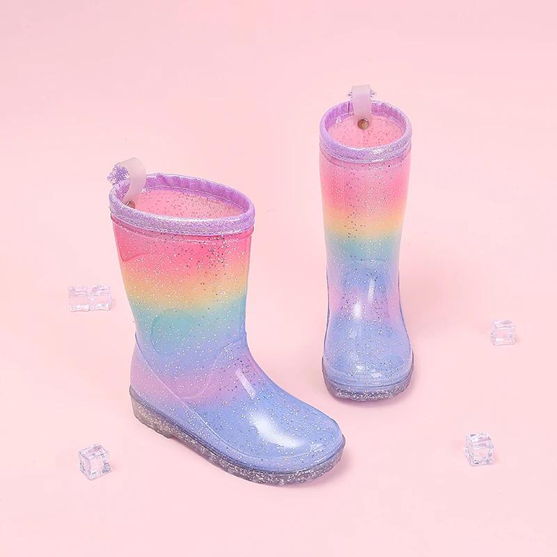 Bottes de pluie pour filles mignonnes quatre saisons, dégradé arc-en-ciel, paillettes, imperméables,