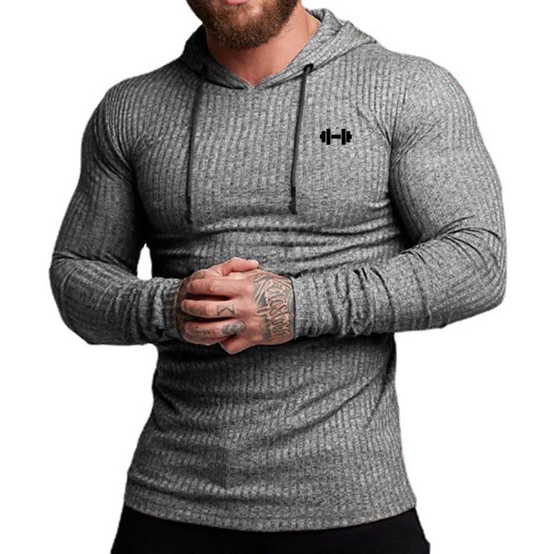 Automne rayé tricoté coupe ajustée chemise à capuche salle de Sport musculation Fitness à manches lo