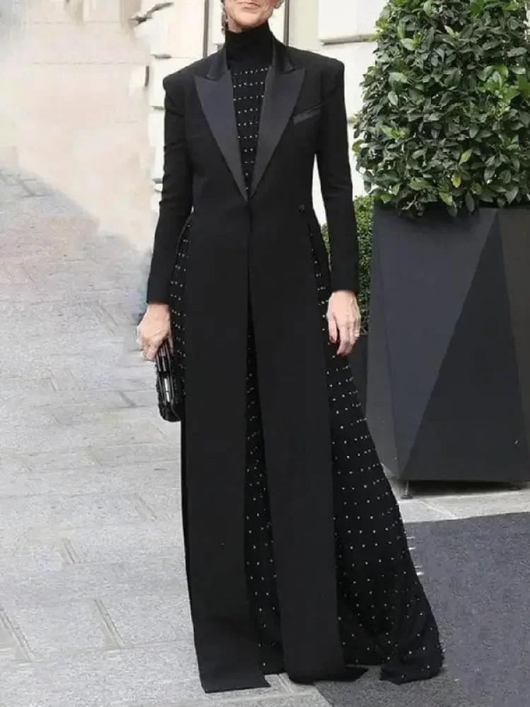 Missuoo – manteau Blazer Extra-long noir pour femme, col en v, manches longues, fendu sur le côté, v