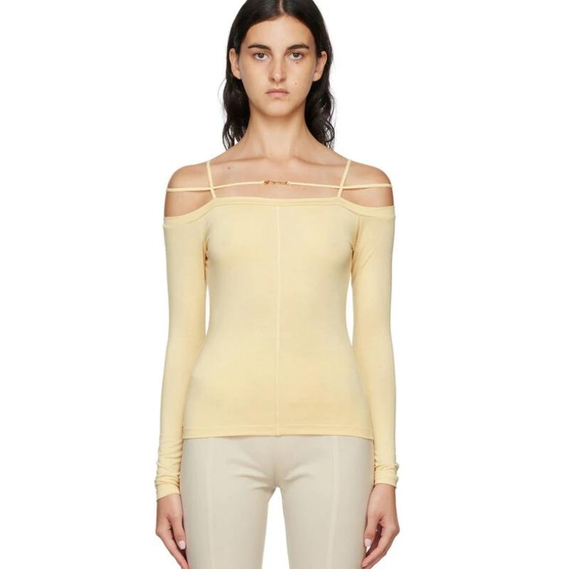 Ja marque Design épaules dénudées lettres métalliques à manches longues coton élasticité T-shirt pou