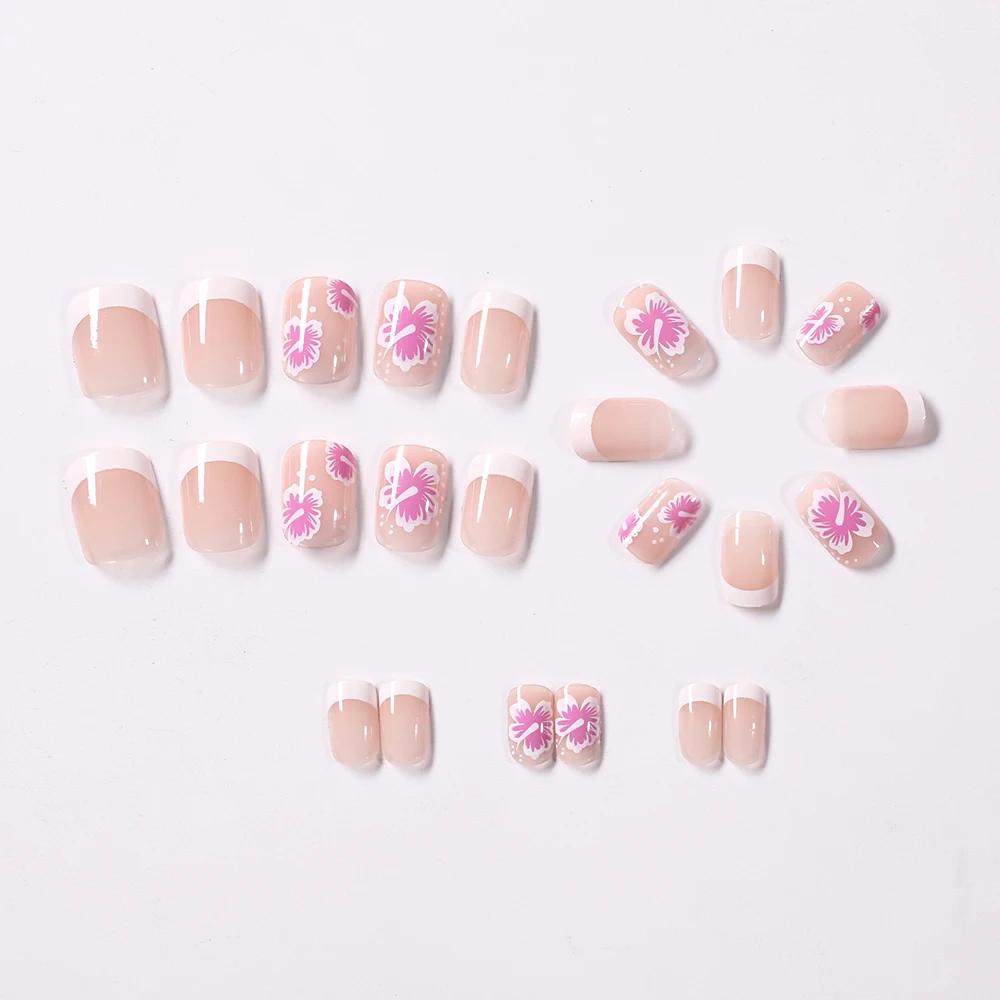 24 pièces blanc rose fleur acrylique faux ongles court carré français faux ongles portable couvertur