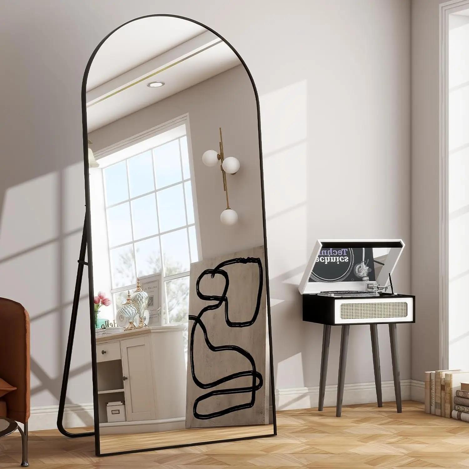 Miroir pleine longueur arqué sur pied, miroir Leautobloquant, cadre en aluminium, décoration d'intér