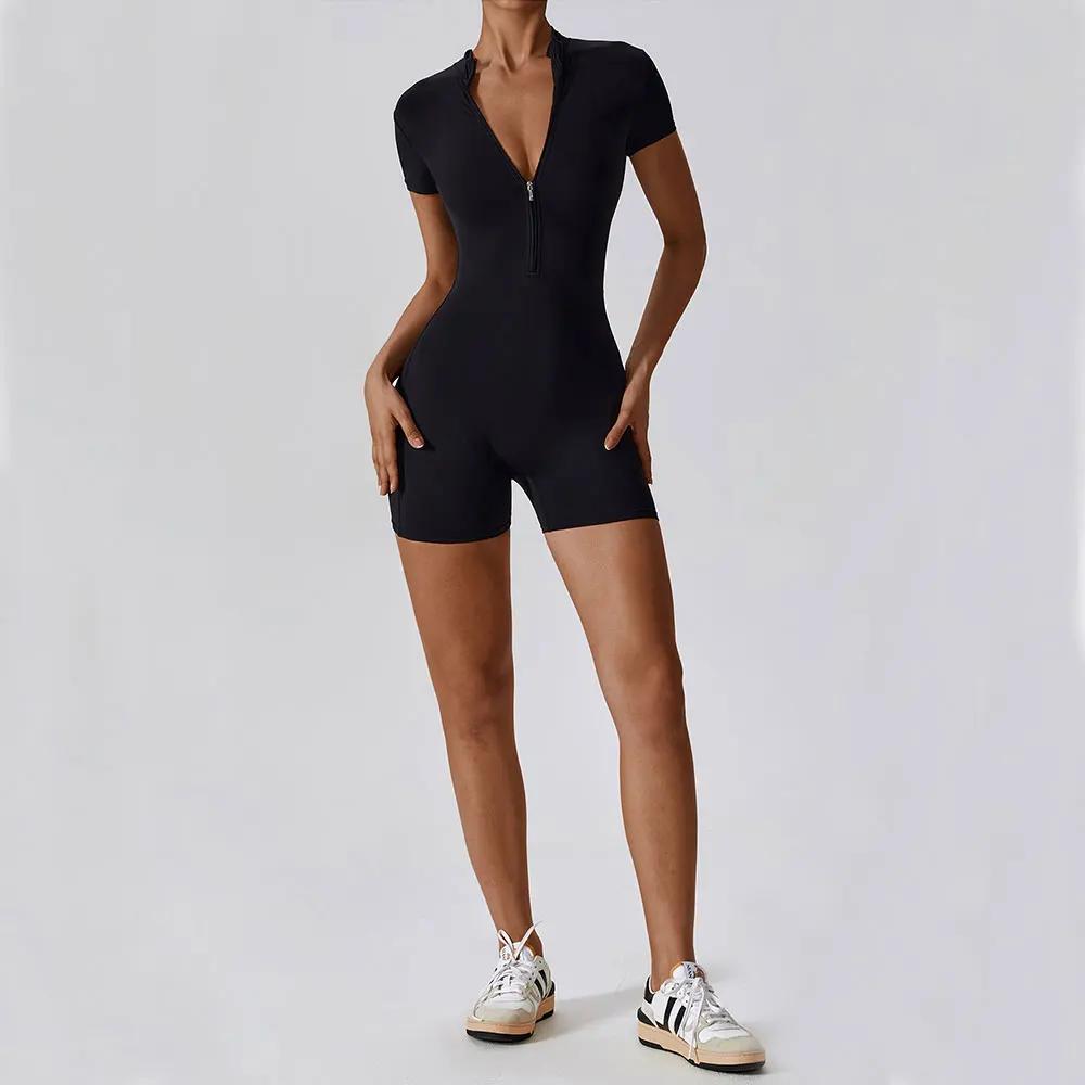Combinaison de Yoga d'été à manches courtes avec fermeture éclair, tenue de sport, Fitness, body pou