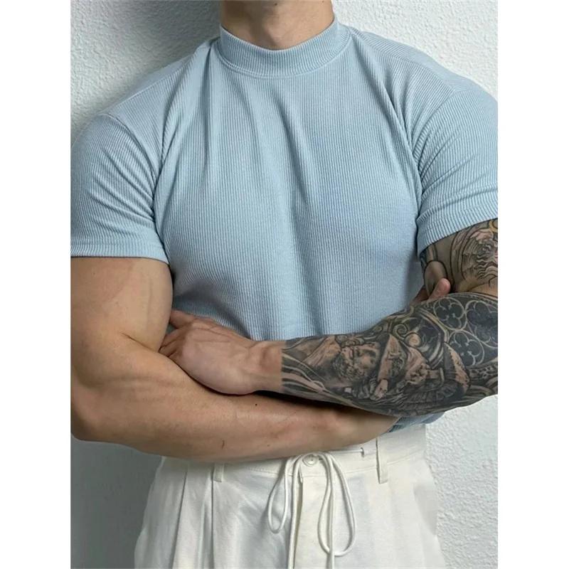 T-shirt sport homme rayé printemps été - Col haut élastique pour fitness et activités de loisirs