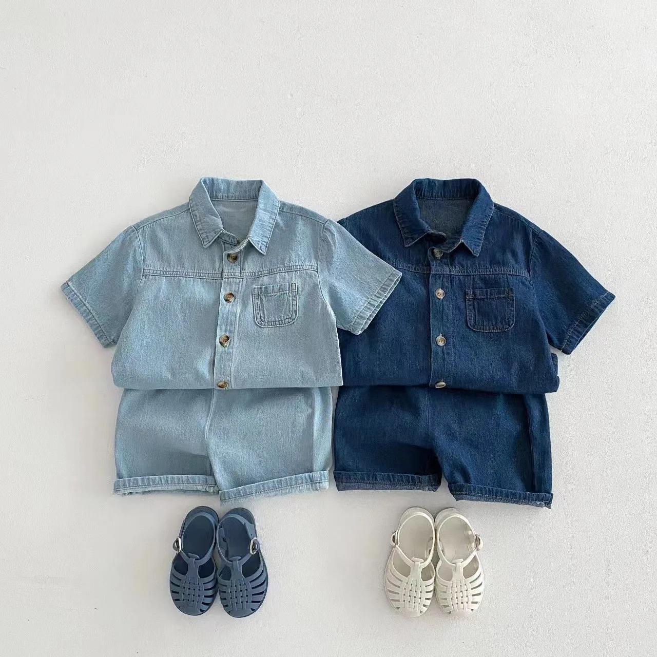 TZ2456 Ensemble de vêtements en jean pour enfants de style coréen, pantalon en jean à manches courte