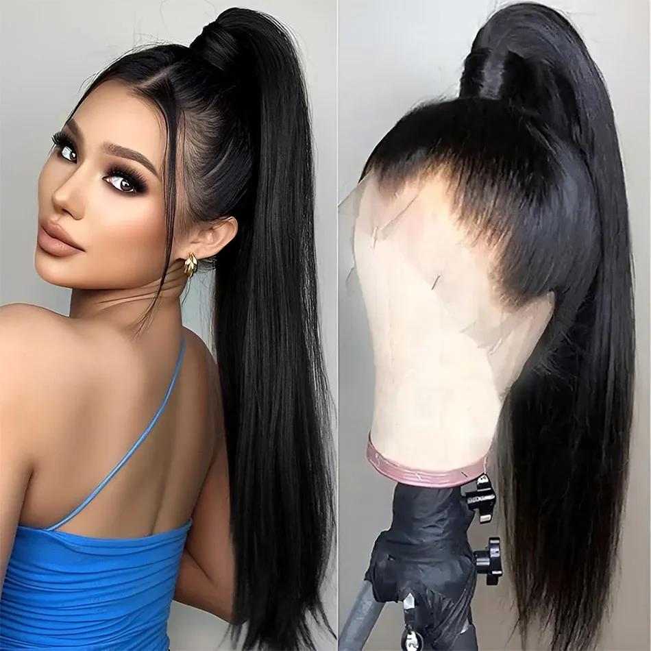 Perruque Lace Wig 360 Full Hd, cheveux naturels lisses, sans colle, avec cordon de serrage Invisible