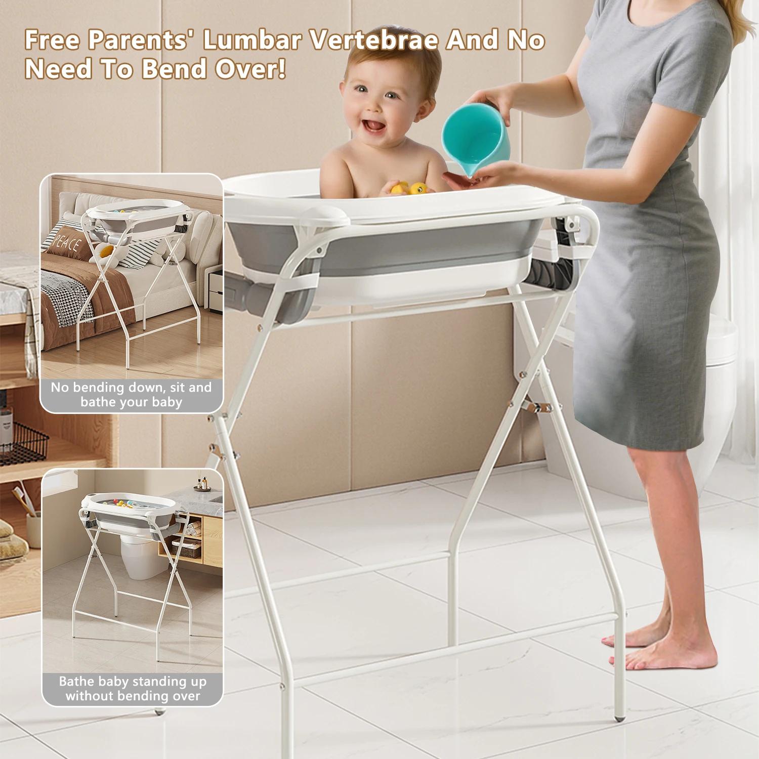 Baignoire pour bébé 3 en 1 avec support, baignoire pliable pour nouveau-né à tout-petit avec thermom