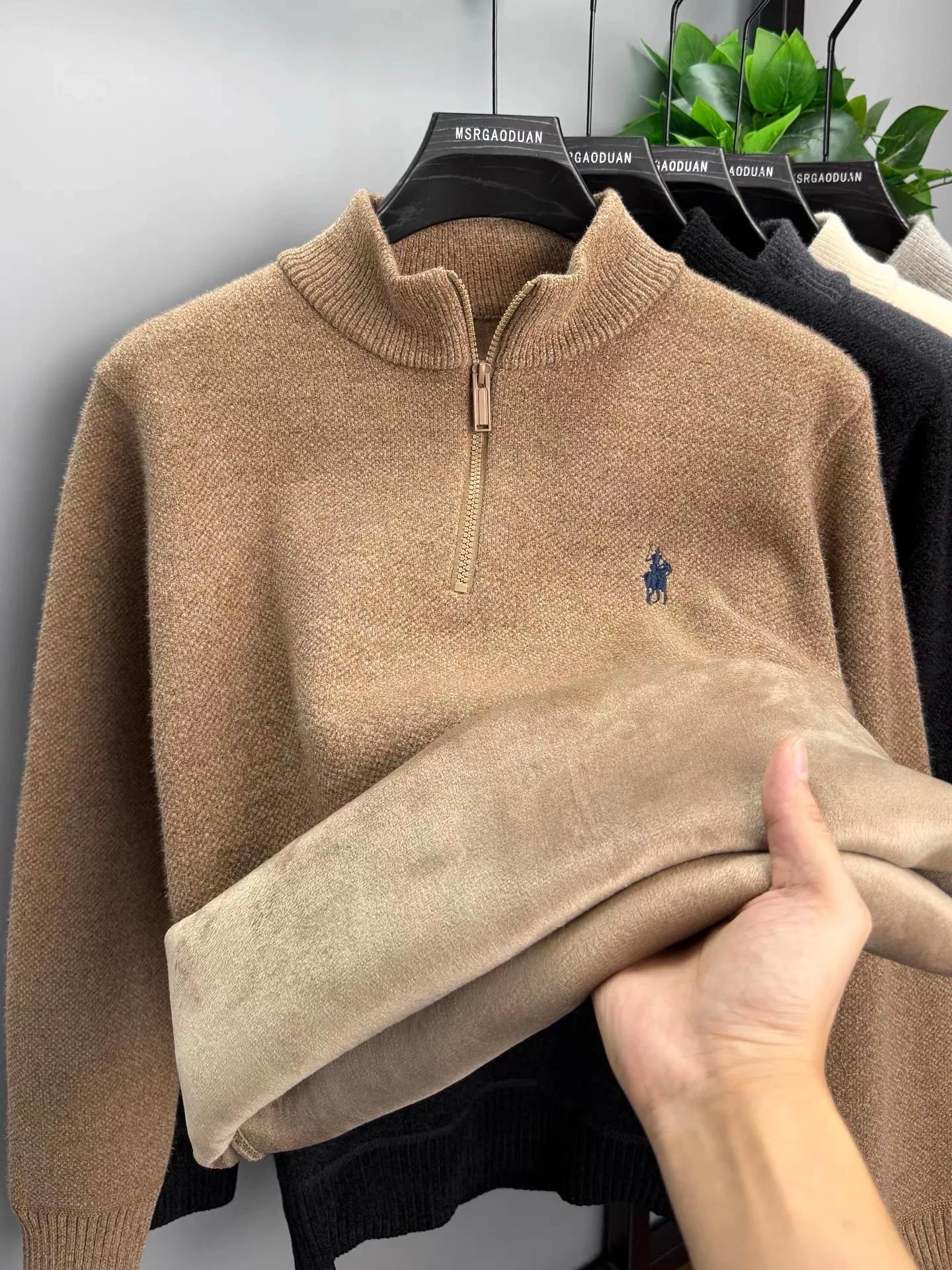 Marque de luxe zip demi col roulé pull hommes haut de gamme mode poney Golf broderie hiver velours é