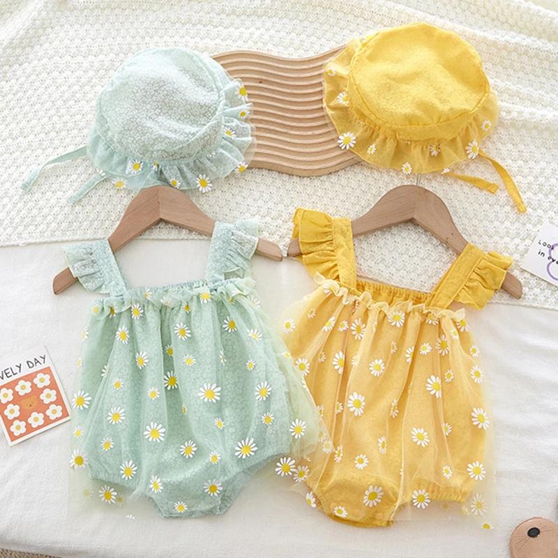 Vêtements d'été pour bébés filles, combinaison + chapeau, manches volantes, impression en coton, mai