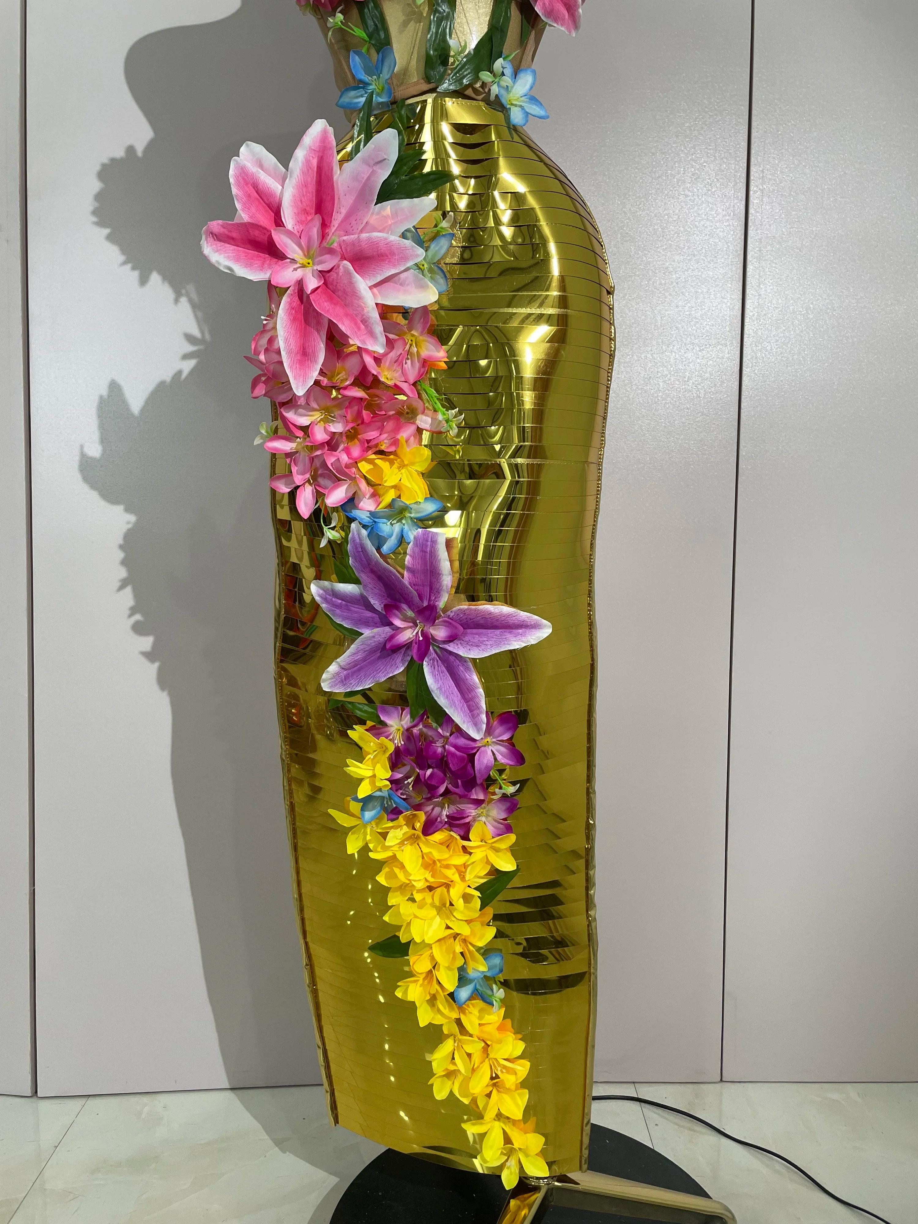 Ensemble deux pièces pour femme, haut en maille dorée à fleurs 3D élégant, robe longue moulante, soi