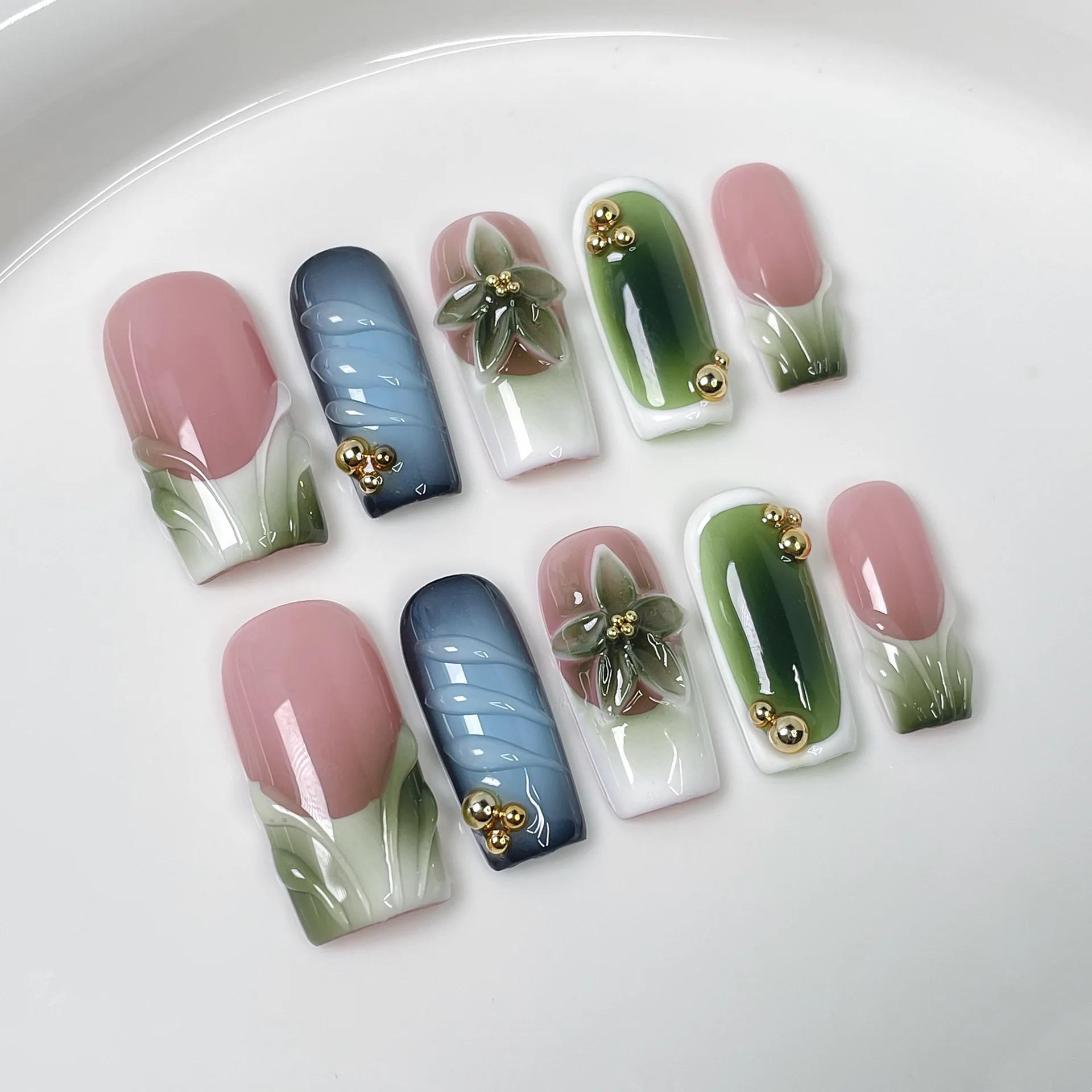 10 pièces 3D fleur verte à la main presse sur ongles français faux ongles portable ongles à coller f