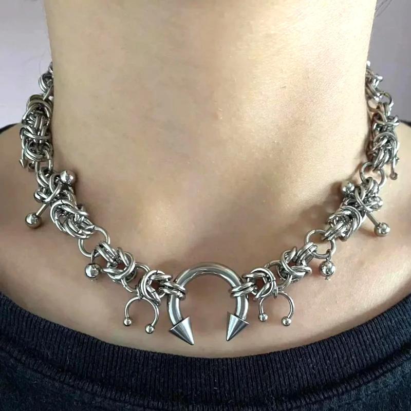 Punk mode acier inoxydable Rivet fer à cheval anneau bricolage pendentif collier pour les femmes Coo