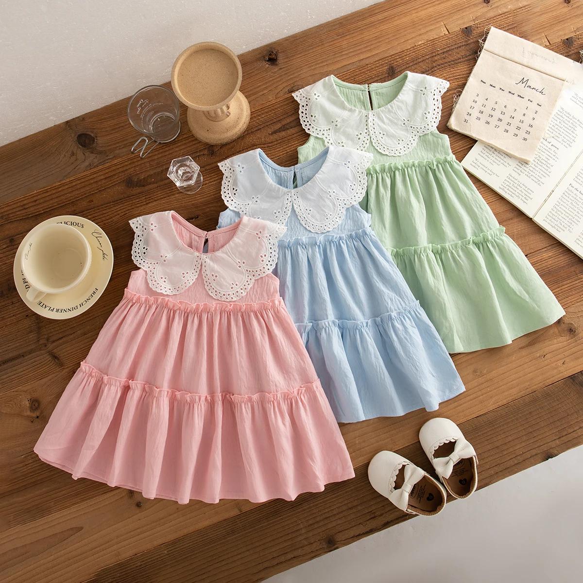 Vêtements d'été en coton pour petites filles, couleur unie, sans manches, à revers, robes de plage m