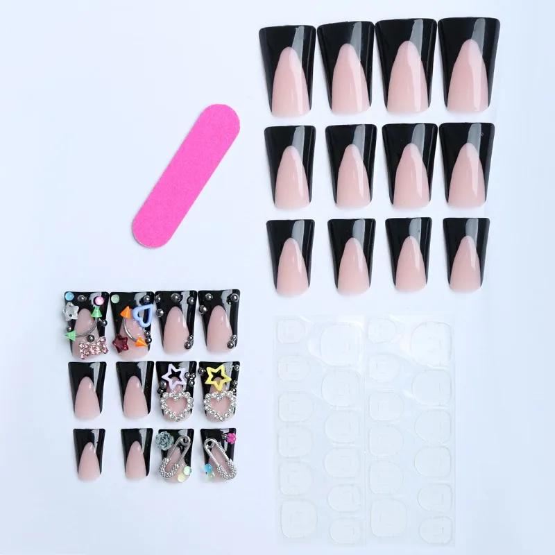 24 faux ongles Y2K en forme de bec de canard, avec cœurs et étoiles métalliques 3D et diamants, à pr