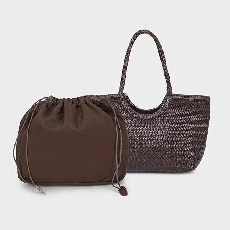 Sac fourre-tout tissé à la main de marque, grand panier à légumes en cuir véritable français avec po