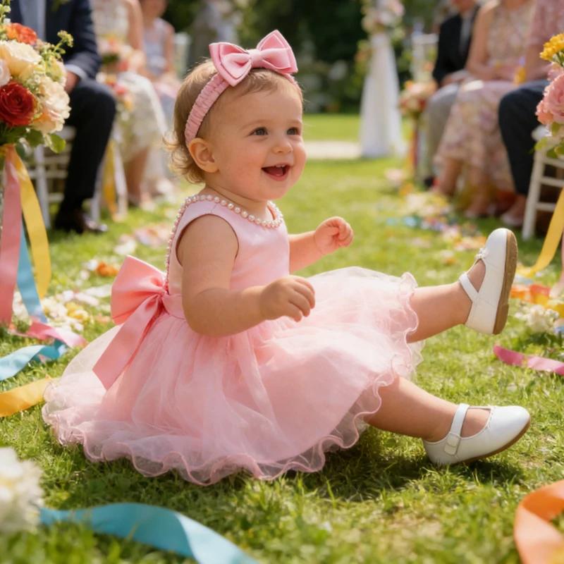 Robes de bébé fille 1er fête d'anniversaire dos nu broderie élégant grand nœud mariage blanc Tutu ro