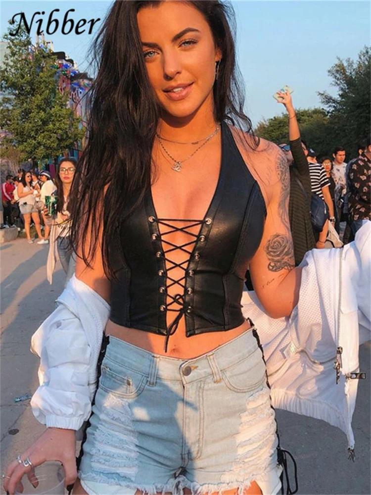 Nibber – haut court en cuir PU noir pour femmes, Sexy, Punk Y2K, dos nu, Camisole, gilet d'été, mode