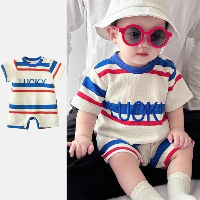 Nouvelle combinaison pour bébé, été, manches courtes, à rayures colorées, avec lettres, combinaison