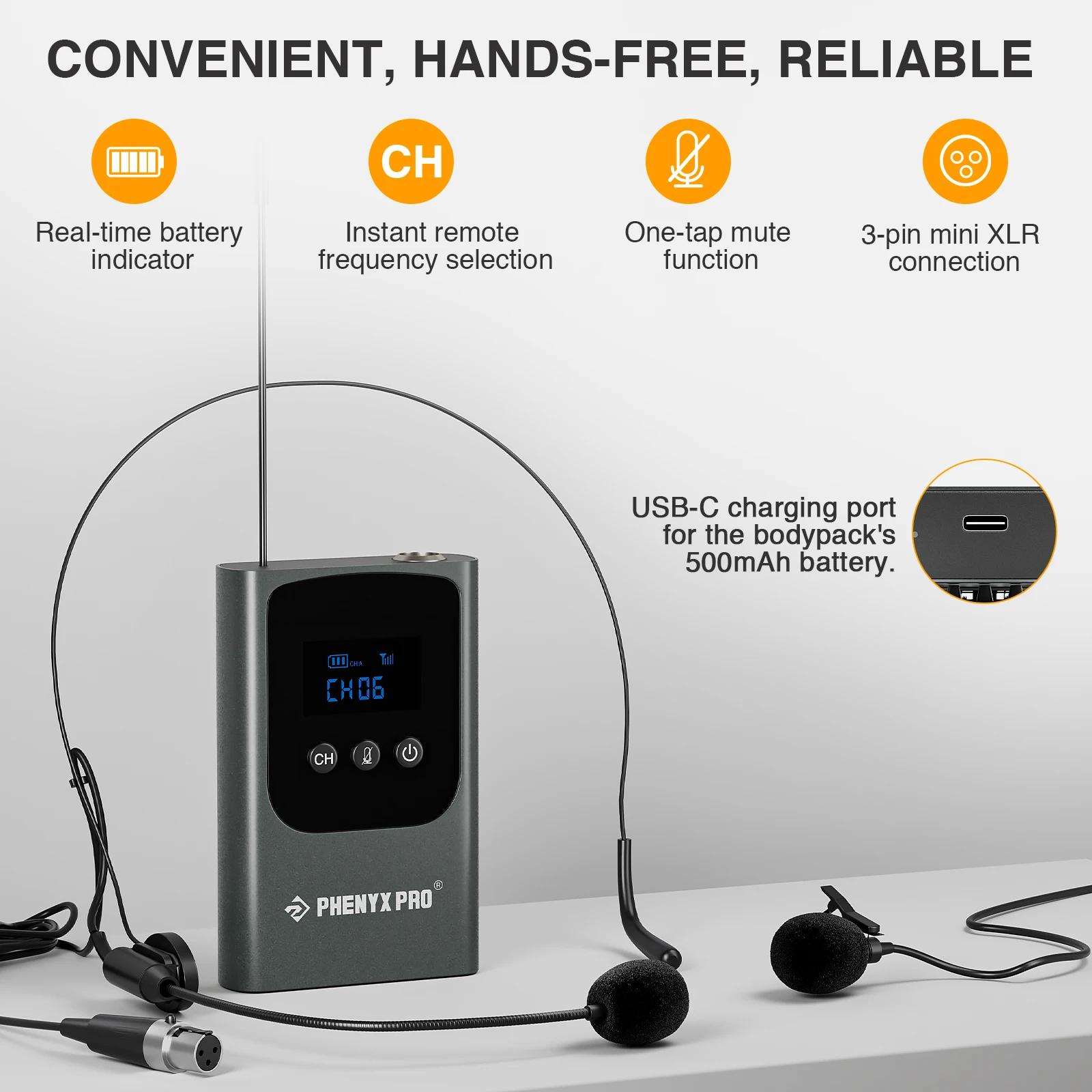 Phenyx Pro Système de microphone sans fil numérique unique avec 15 canaux UHF, émetteur Bodypack, mi