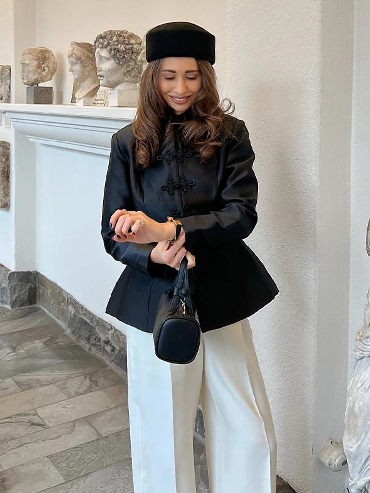 Veste élégante en satin à boutons grenouillère pour femme, col montant chinois, coupe ajustée, colle