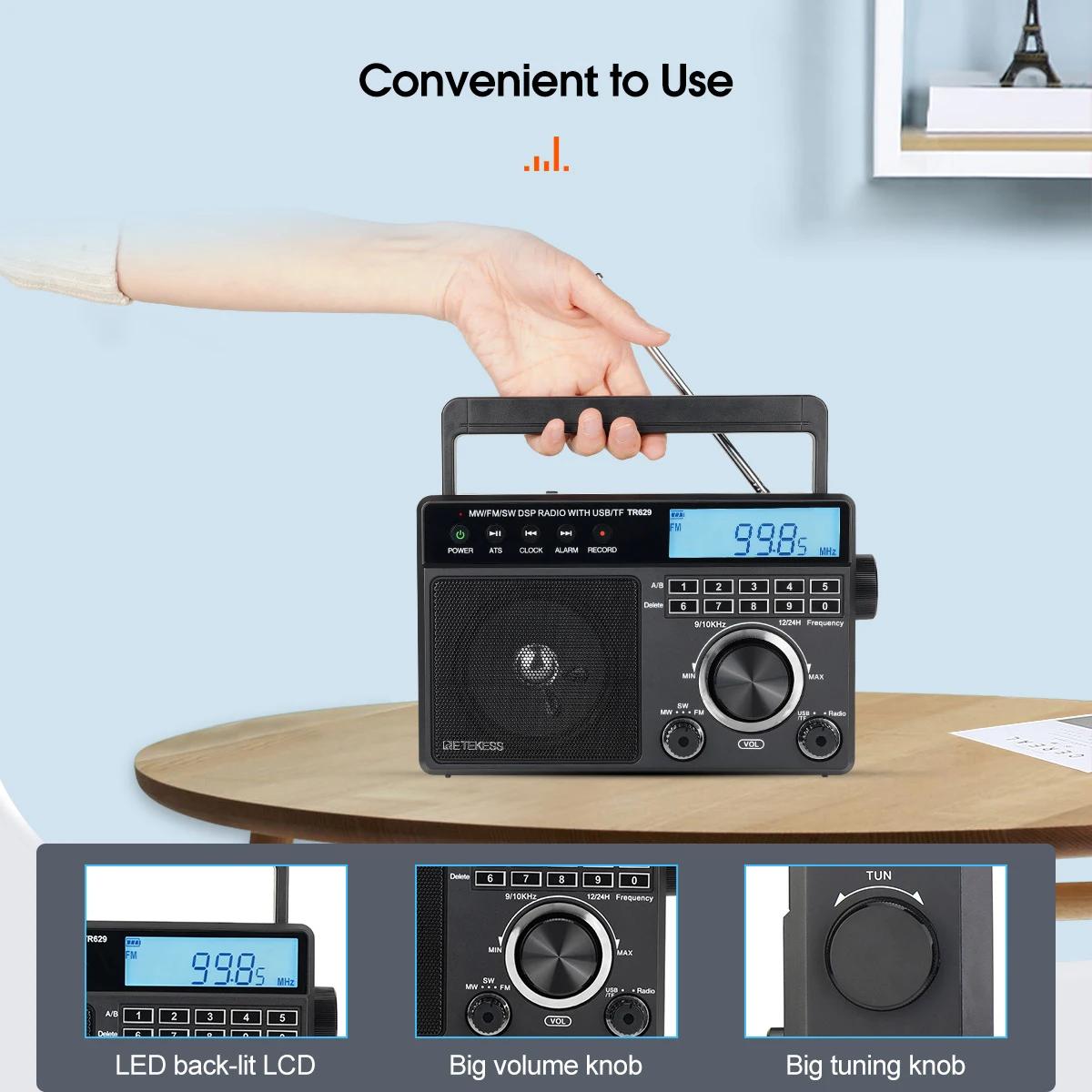 Retekess TR629 Radio Portable AM FM SW Multibande Radio à ondes courtes stéréo Mp3 haut-parleur batt