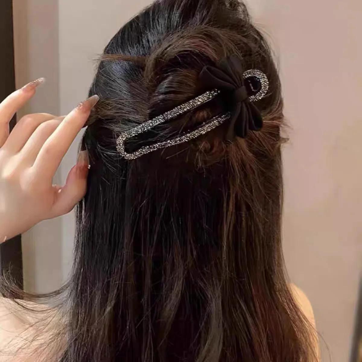 Pince à bec de canard en strass, classique, nœud noir, épingle à cheveux pratique, polyvalente, mode