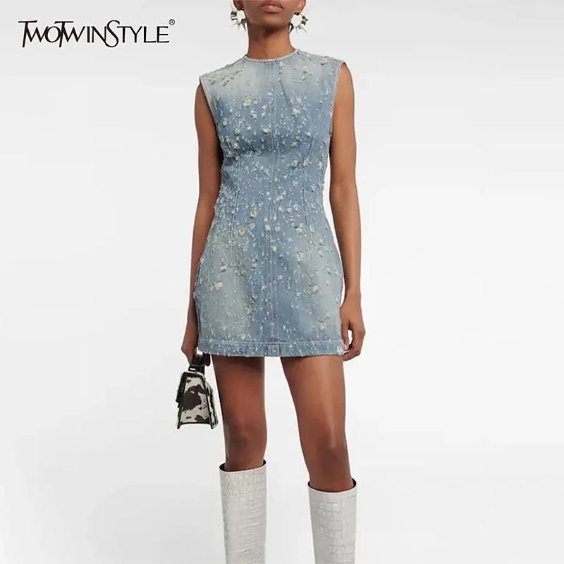 DEUX DEUX STYLE Denim évider robes pour femmes col rond sans manches tunique Patchwork poches Vintag