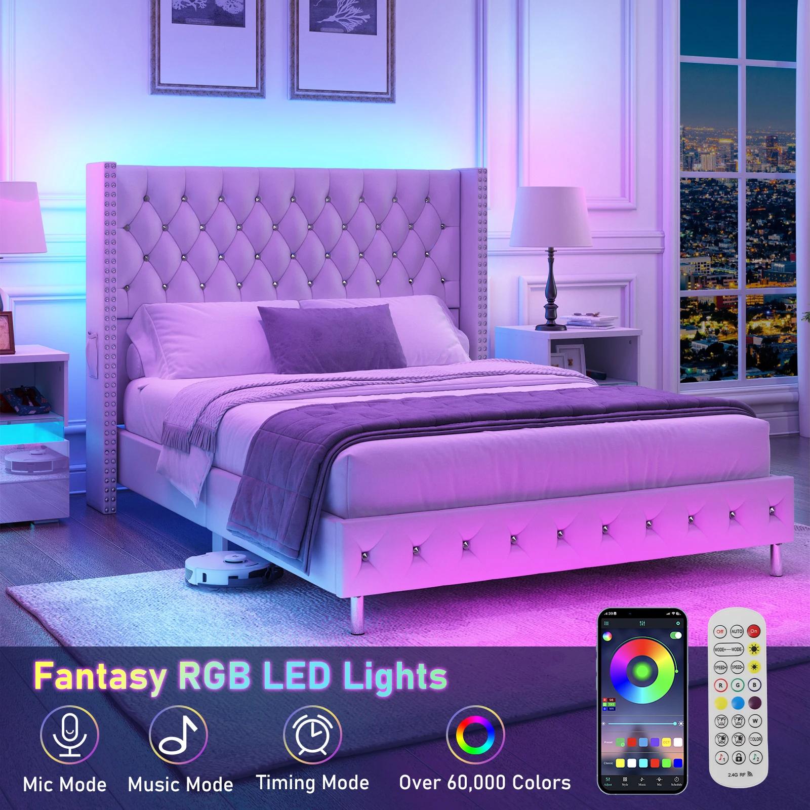 Cadre de lit capitonné à LED Queen avec planche de sauna à oreilles, bouton en velours et diamant, p