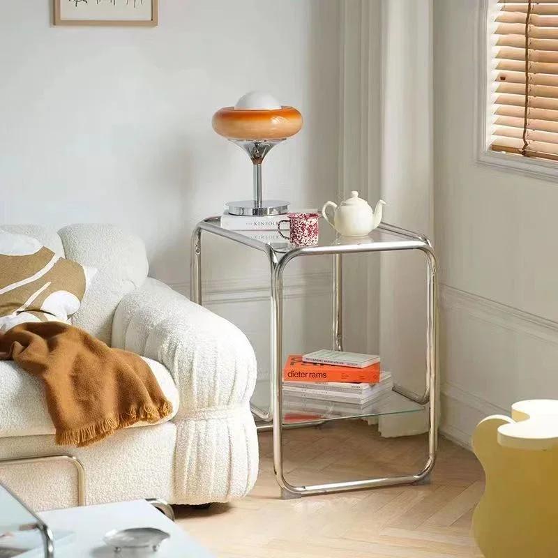 Table basse en acier inoxydable de style nordique, rangement à double couche, table d'angle, petit c