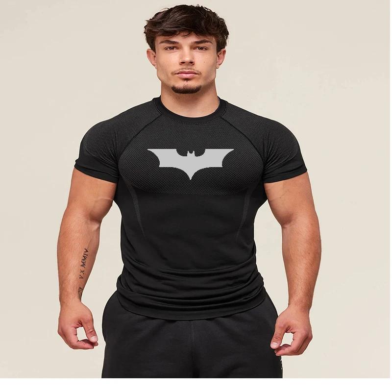 T-shirts de compression à motif chauve-souris pour hommes, manches courtes, anti-UV, pour la gym, l'